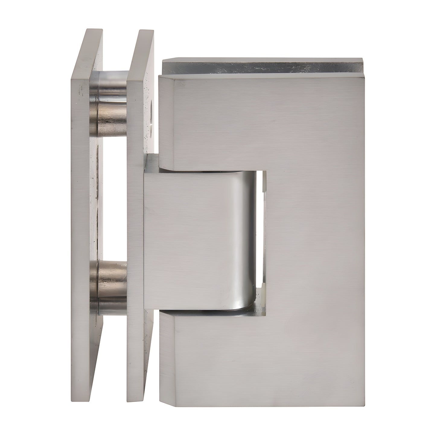 Brushed chrome square-profile Vienna glass-to-glass shower hinge, 90 pivot for 10-12mm (3/8-1/2") tempered glass