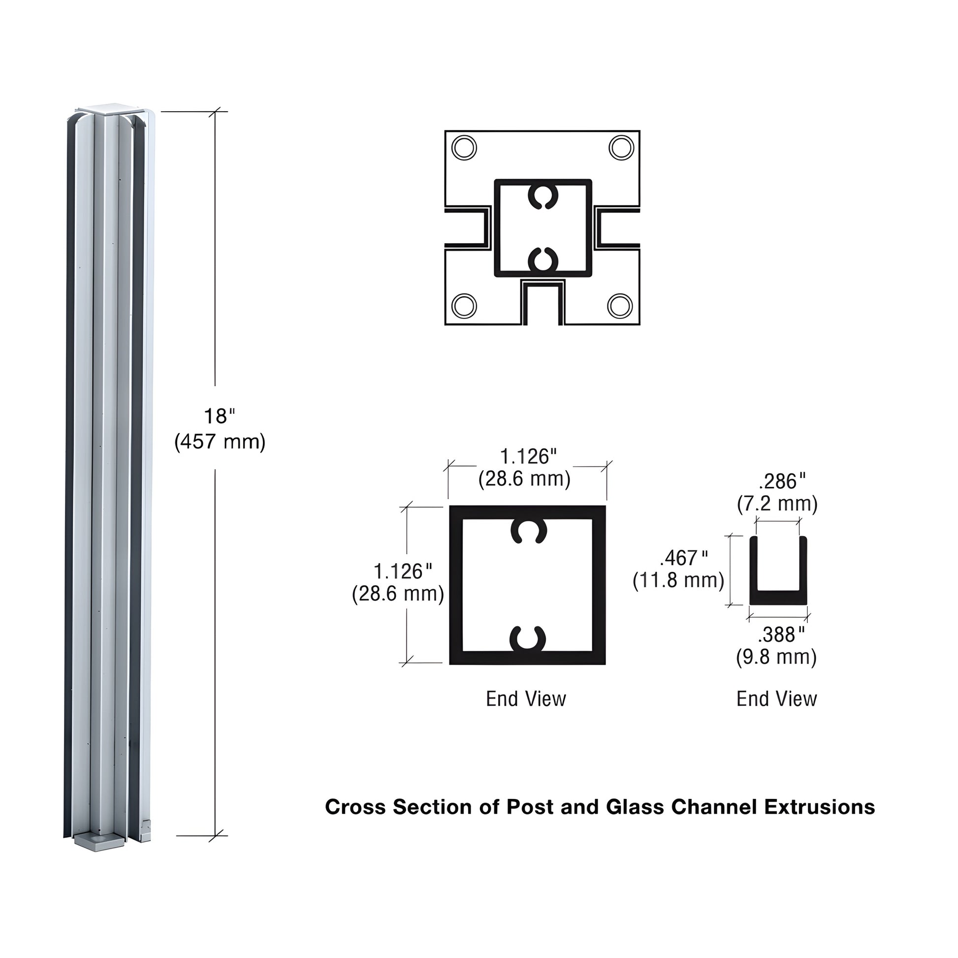 CRL Design Series 18" satin anodized aluminum 3-way square partition post with U-channels for 1/4" glass, SKU D990A183W