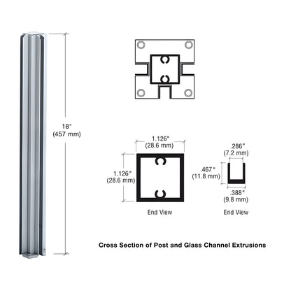 CRL Design Series 18" satin anodized aluminum 3-way square partition post with U-channels for 1/4" glass, SKU D990A183W