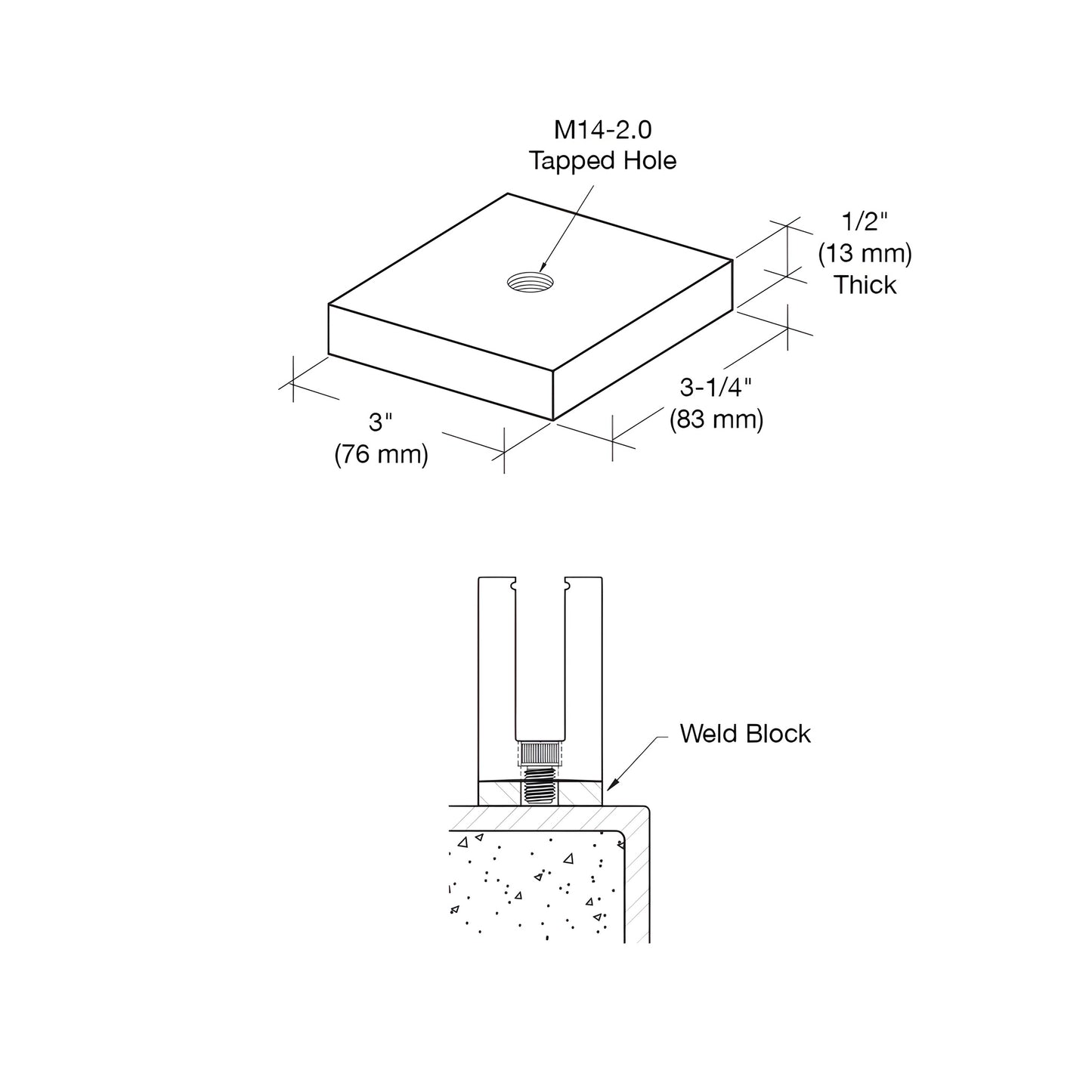 LSWB21 steel weld block, rectangular hot-rolled A36 with centered M14 x2.0 tapped hole, 3-1/4 3 1/2 in.