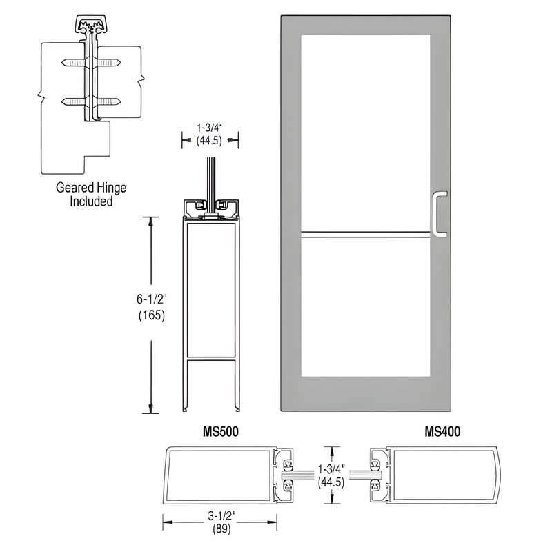 Clear anodized 36 x 84 in inactive storefront door leaf SKU DC42811R136, 3-1/2" stile, prepped for geared hinge and 3 point l