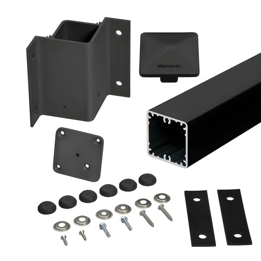 Matte black 90 fascia-mount aluminum post kit with square post, bracket, cap and hardware - SKU 1FP9142KBL