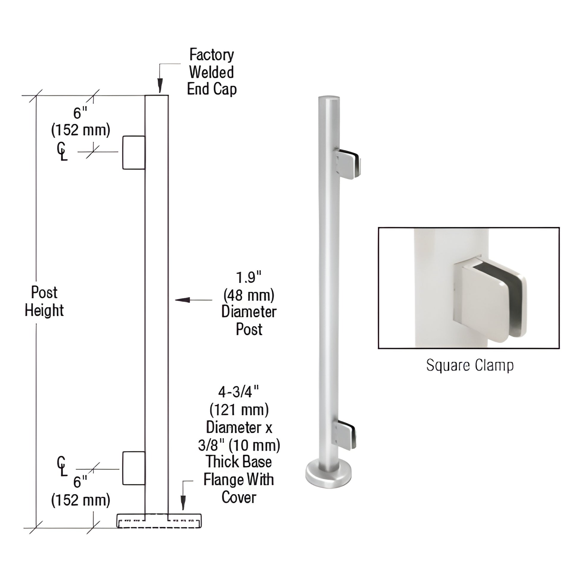 PS42EPS stainless steel 1.9" round post with base plate cover and square Z-series glass clamps for 1/2" glass.