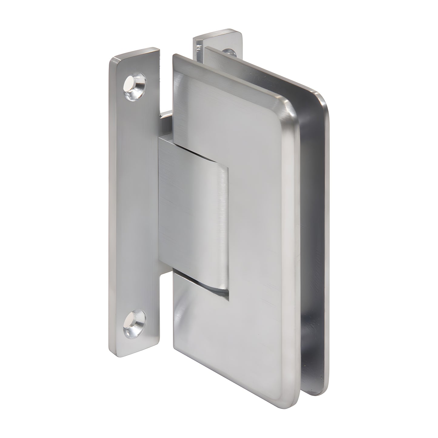 Brushed chrome adjustable shower hinge for 3/8-1/2 in glass, wall mount. SKU C0L337BCH