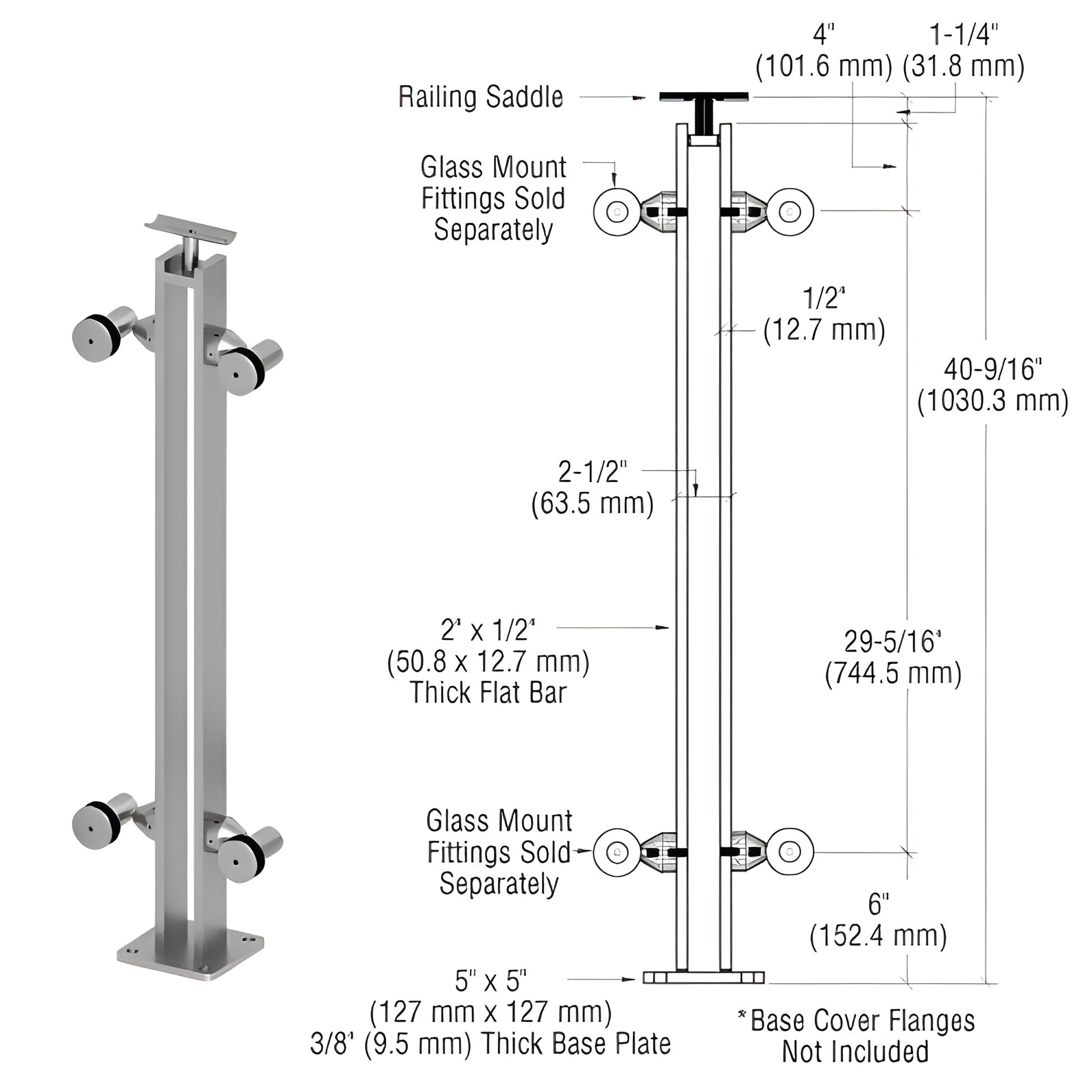 Stainless steel surface-mounted post railing kit with base plate and railing saddle for glass; SKU P8F42CBS