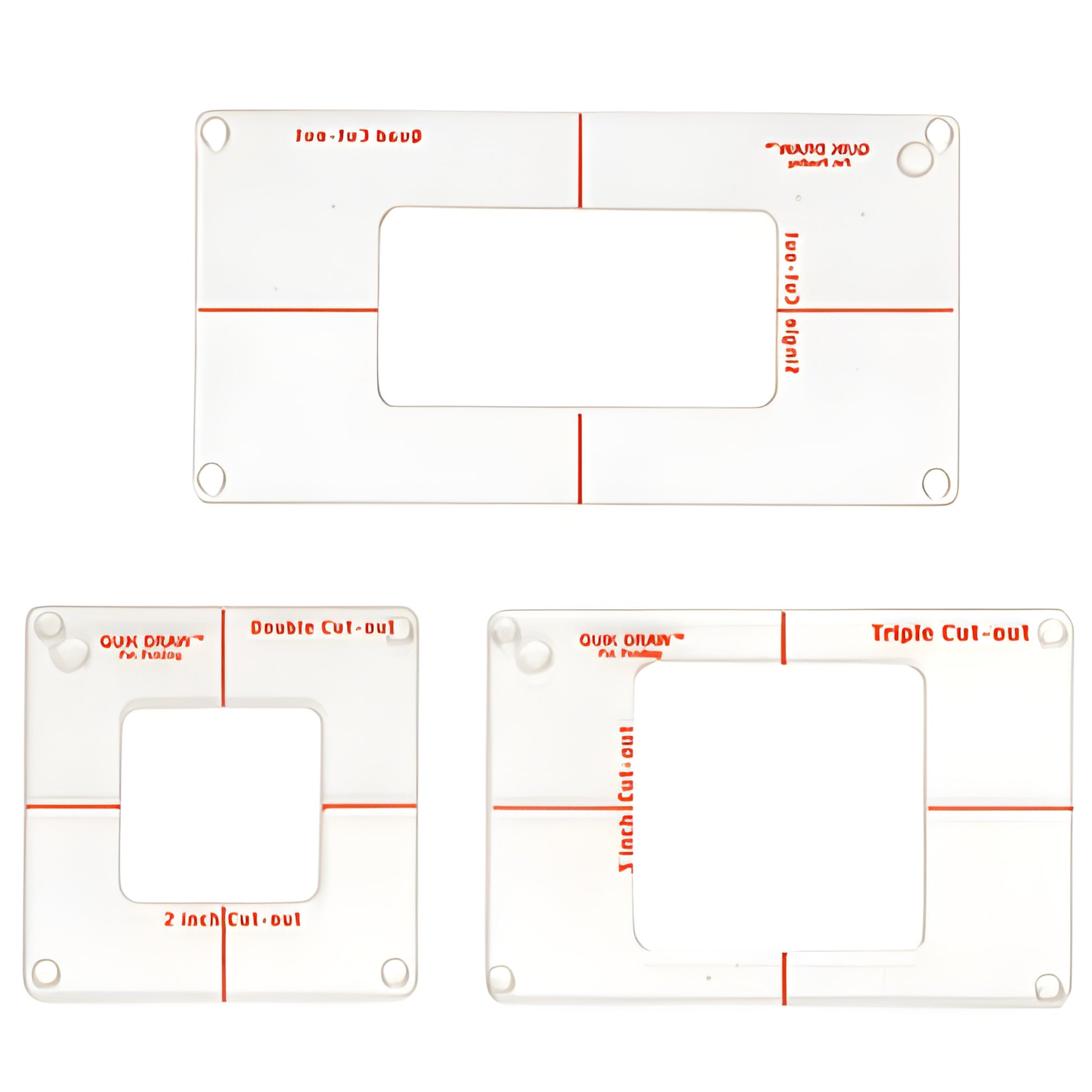 Clear acrylic set of three Quick Draw outlet and switch cut-out templates with red guide lines and non-slip bumpers (QD1)