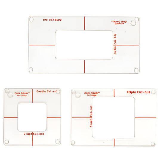 Clear acrylic set of three Quick Draw outlet and switch cut-out templates with red guide lines and non-slip bumpers (QD1)