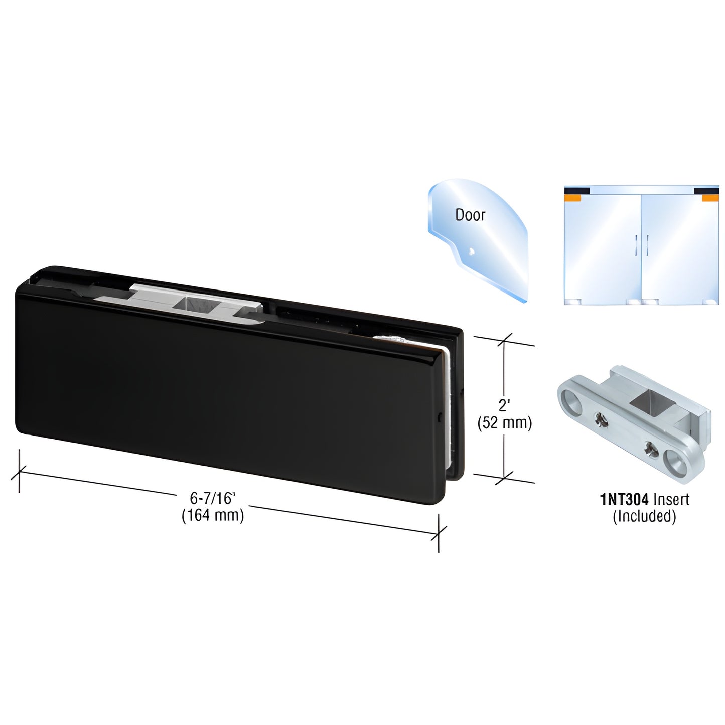 PH20BMBL matte black top door patch fitting for 3/8-1/2" glass with 1NT304 insert, 6-7/16" long