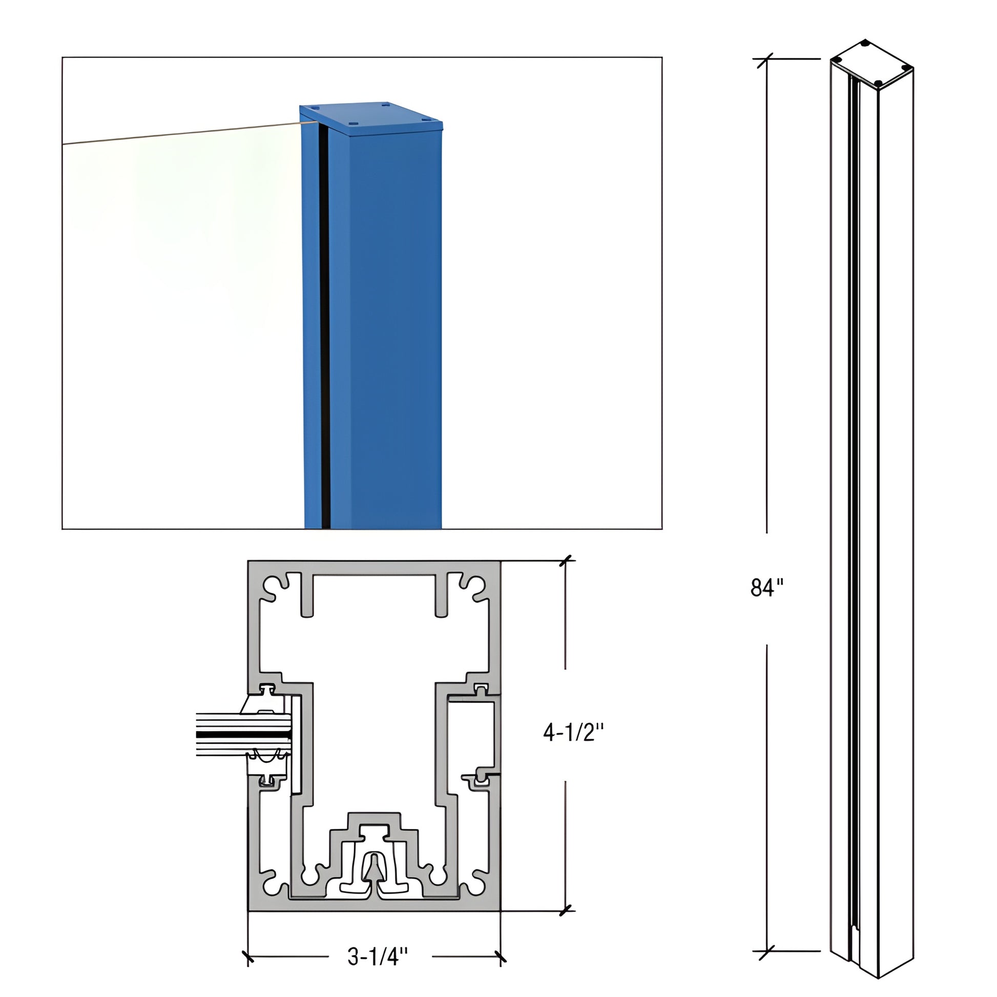 Cielo aluminum glass post (SKU C84EKC), powder-coated blue, 3-1/4" x 4-1/2" profile, 84" tall for 1/2"-9/16" glass.