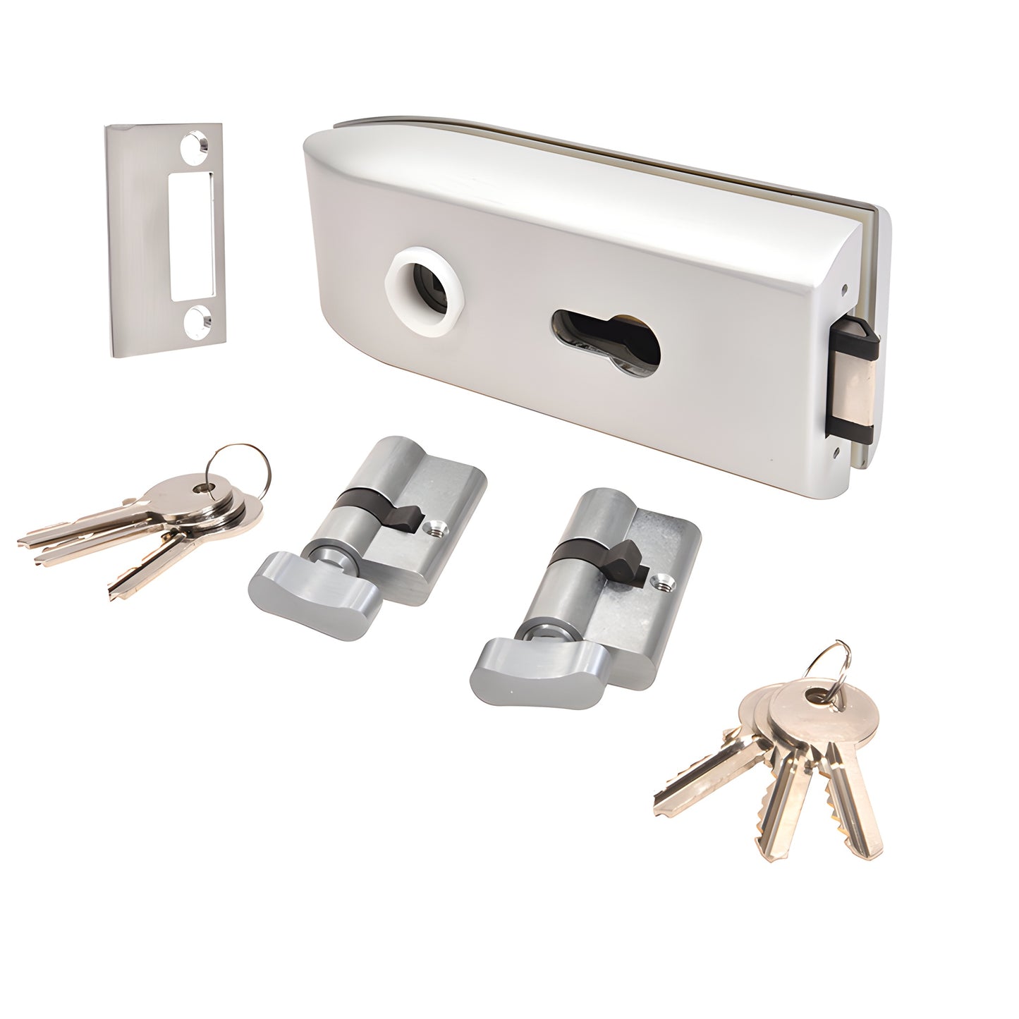 CRL PTH311A satin-anodized glass-mounted latch kit with cylinders, thumbturns, strike plate and keys, stainless steel.