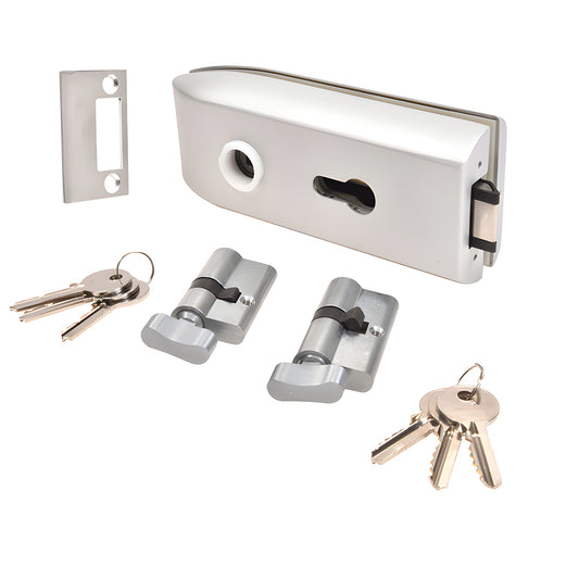 CRL PTH311A satin-anodized glass-mounted latch kit with cylinders, thumbturns, strike plate and keys, stainless steel.