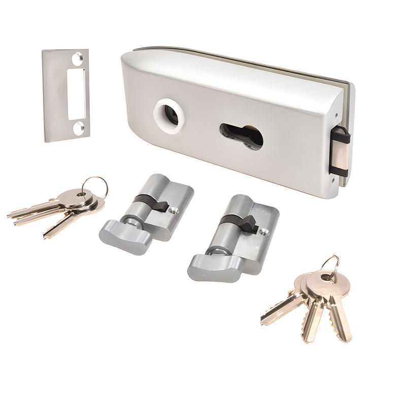 CRL PTH311A satin-anodized glass-mounted latch kit with cylinders, thumbturns, strike plate and keys, stainless steel.
