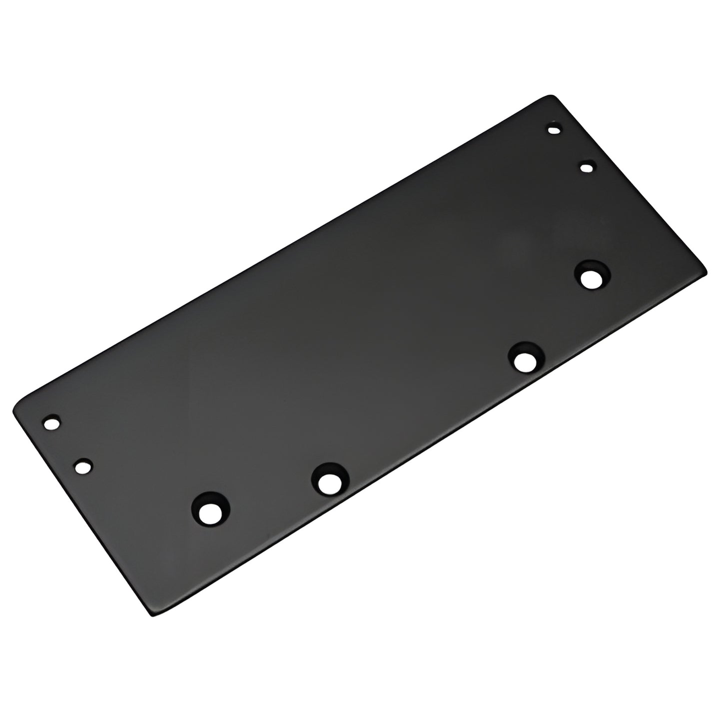 Black rectangular drop plate with multiple mounting holes for surface-mounted door closers (SKU: DC54DPBLK)