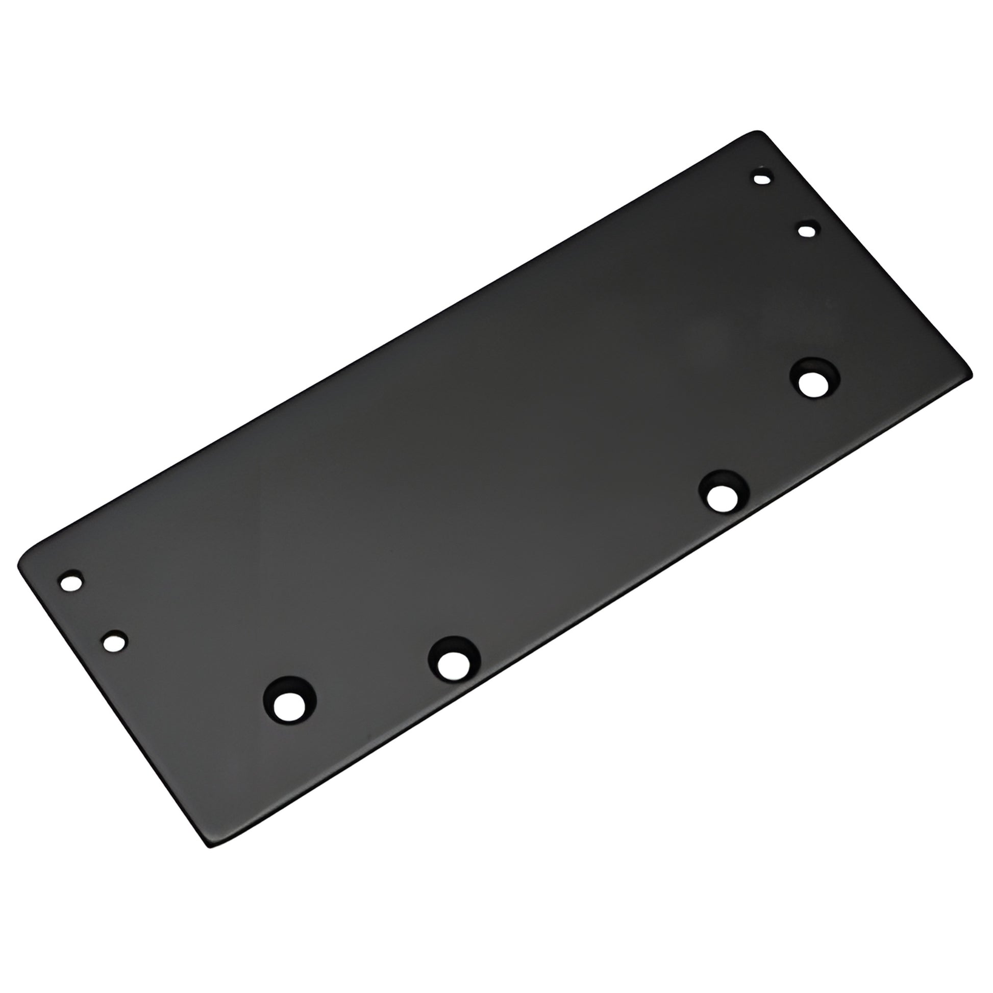 Black rectangular drop plate with multiple mounting holes for surface-mounted door closers (SKU: DC54DPBLK)