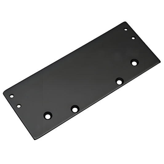 Black rectangular drop plate with multiple mounting holes for surface-mounted door closers (SKU: DC54DPBLK)