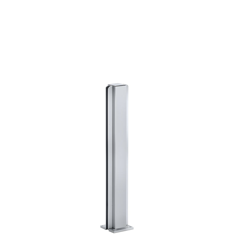 Satin anodized aluminum square partition post with U channel glazing, base plate and top cap for 1/4" glass.
