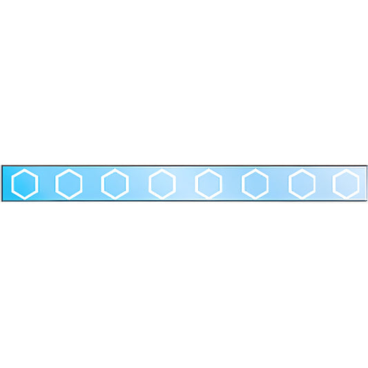 Long horizontal blue strip showing evenly spaced white hexagon glass safety decals for storefronts.