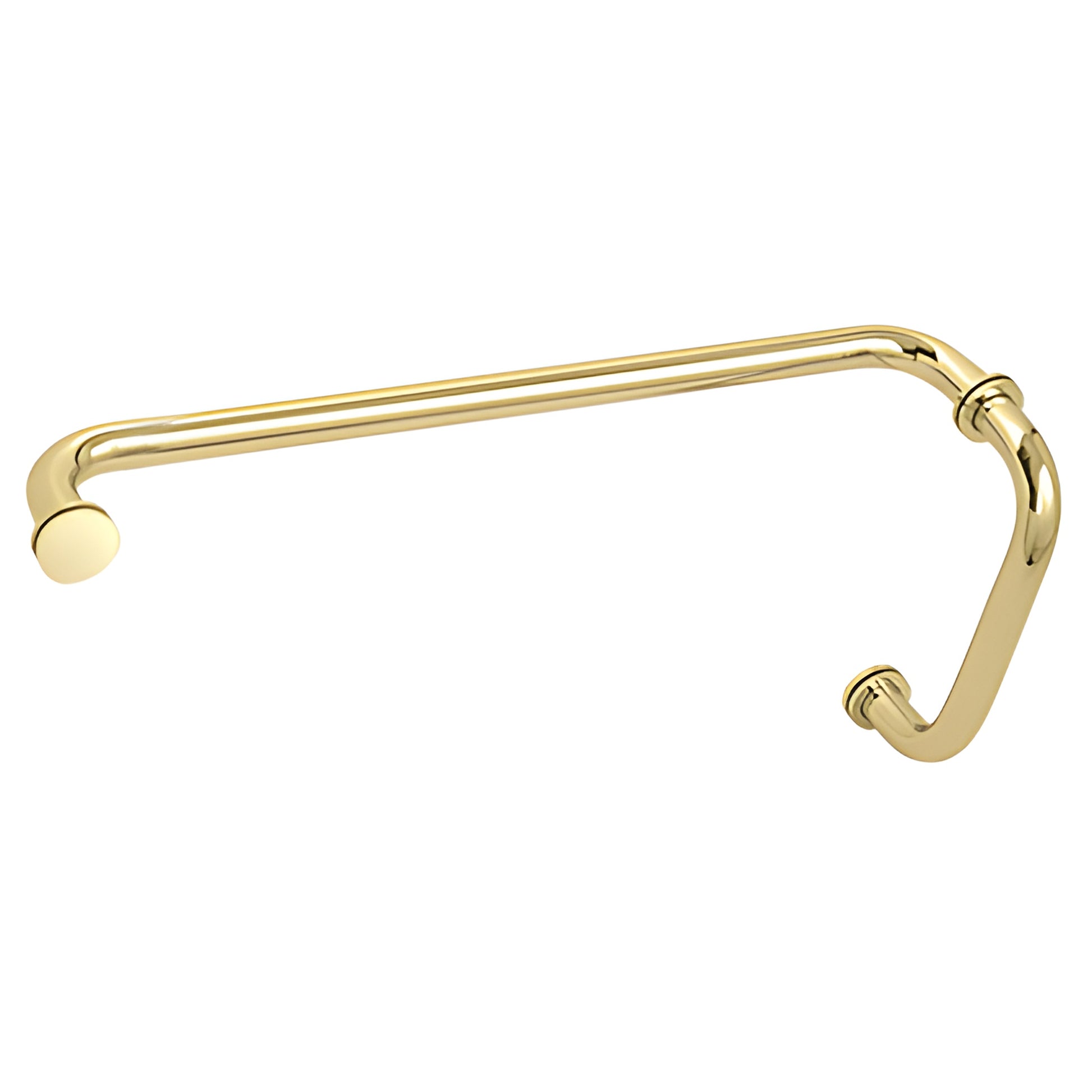 Polished brass tubular shower door pull with 8" center and 18" towel bar (SKU BM8X18BR)