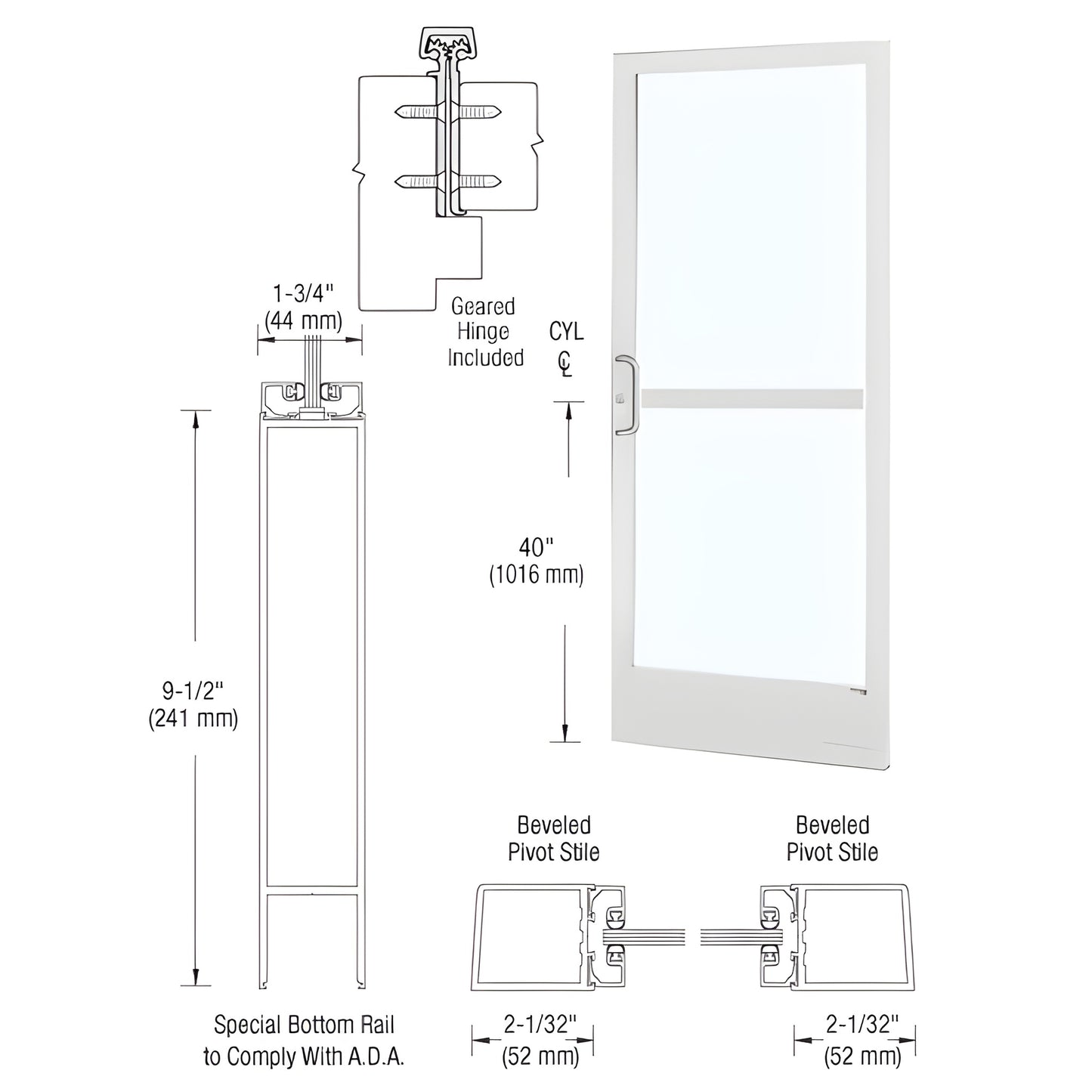 CRL narrow stile white Kynar entrance door, 2" stiles, 9-1/2" ADA bottom rail, 2-1/8" top rail, fits 1/4" tempered glass SKU