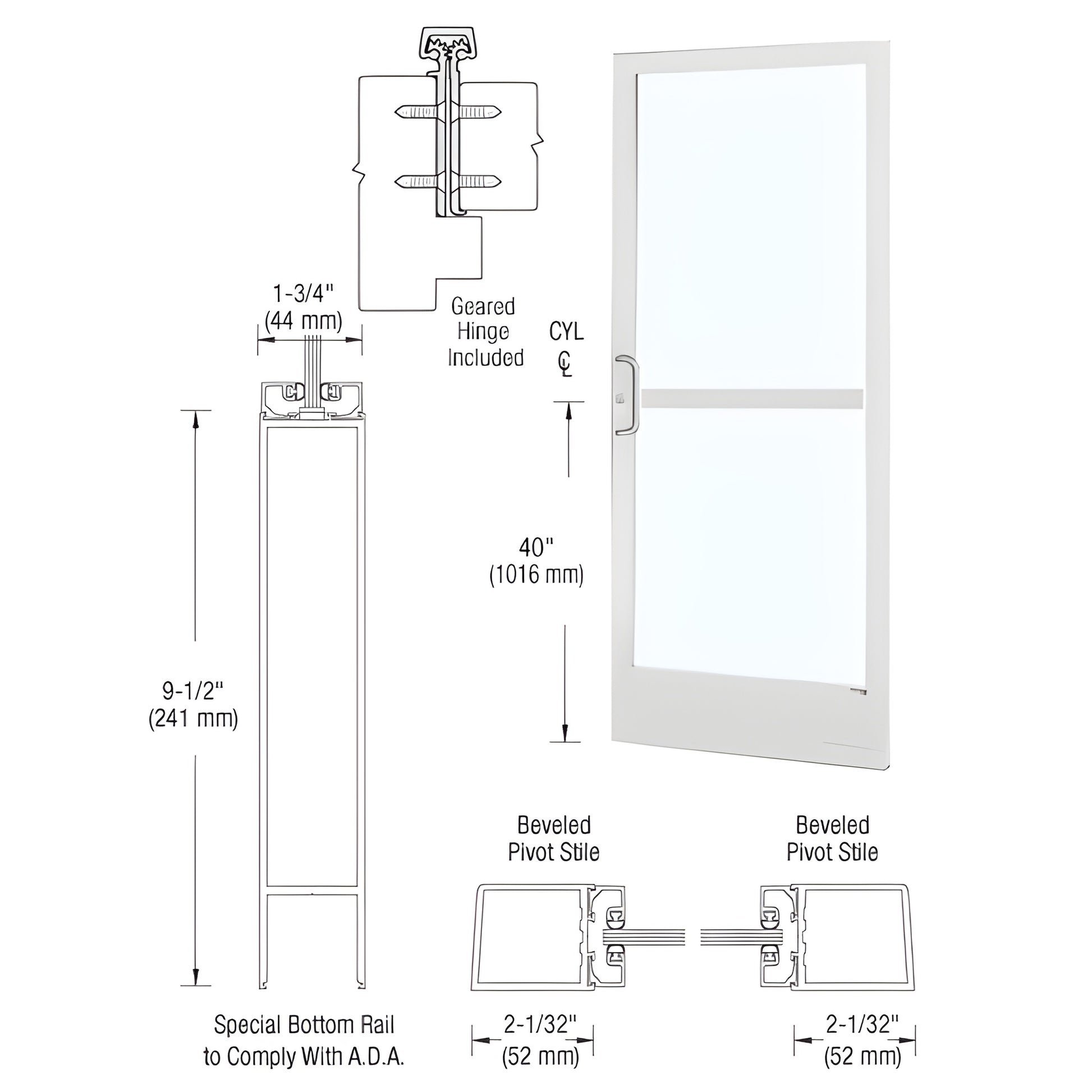 CRL narrow stile white Kynar entrance door, 2" stiles, 9-1/2" ADA bottom rail, 2-1/8" top rail, fits 1/4" tempered glass SKU