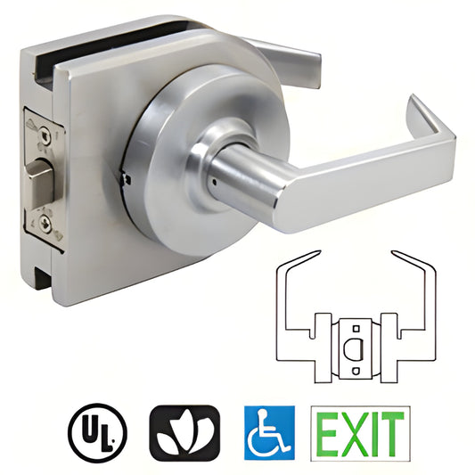 LH10BS brushed stainless steel round lever lock housing for 3/8-1/2 in glass doors, reversible lever lock