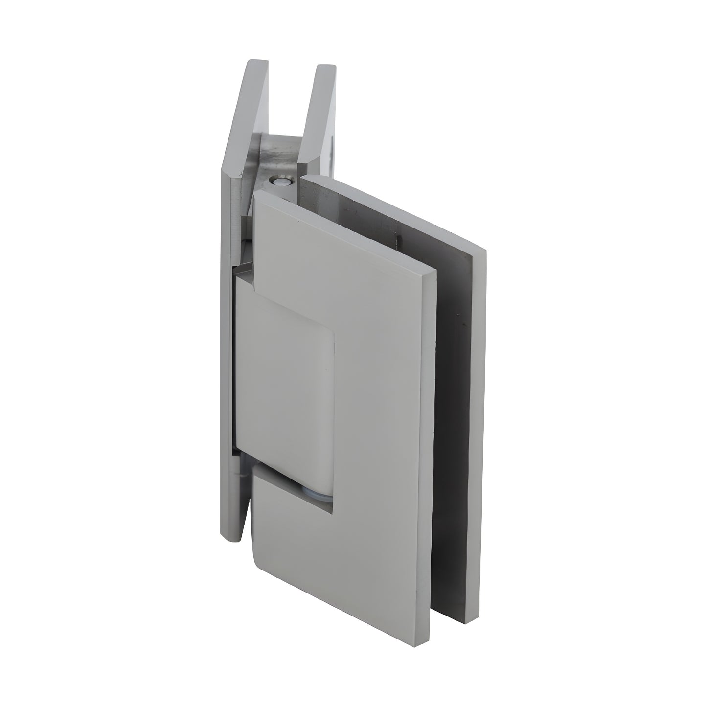 Brushed nickel square glass-to-glass shower hinge (GEN545BN), solid brass Geneva hinge with 5 preset.