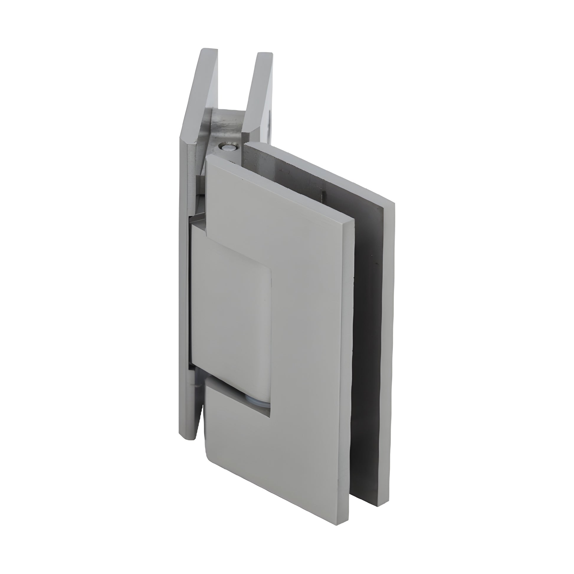 Brushed nickel square glass-to-glass shower hinge (GEN545BN), solid brass Geneva hinge with 5 preset.