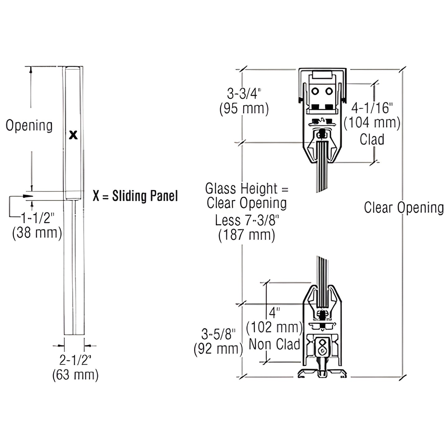 Technical line drawing of SDR1ABL bottom-rolling sliding door rails and profile, dimensions and glass height specs.