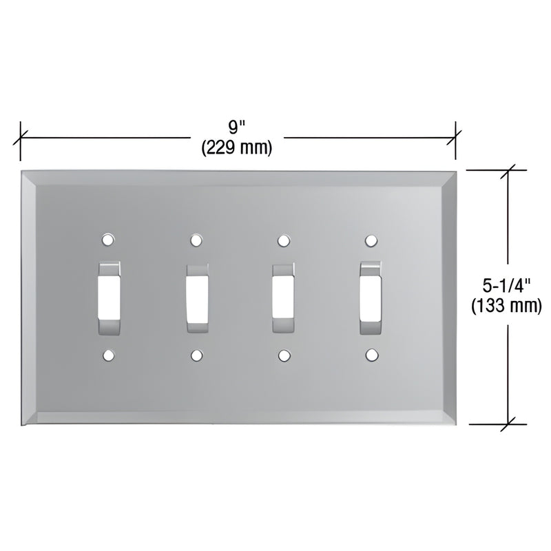 Clear beveled glass quad toggle switch plate (GMP11C), 9" x 5-1/4", polished beveled edges.