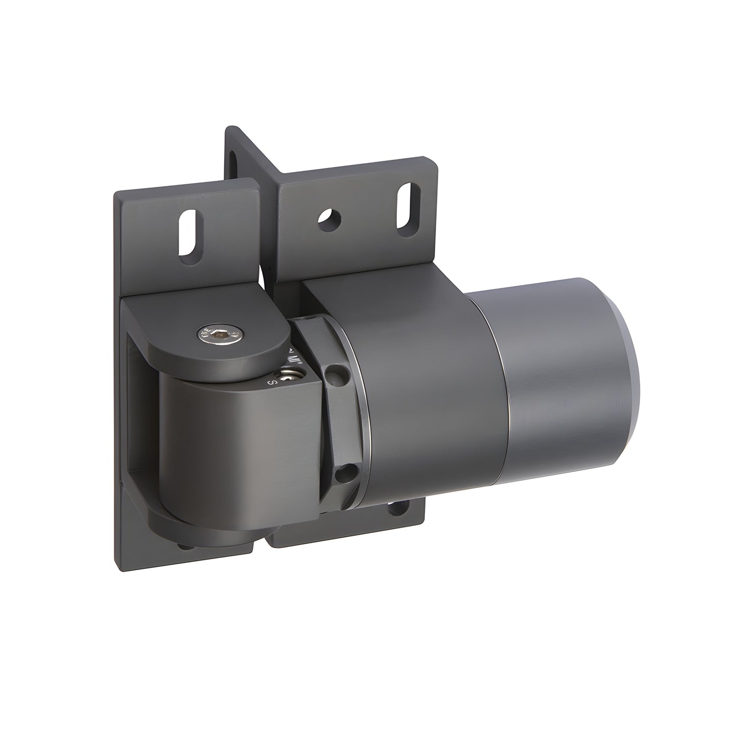 Black aluminum hydraulic gate hinge-closer (HC1500BL) with adjustable closing speed and 260 lb capacity