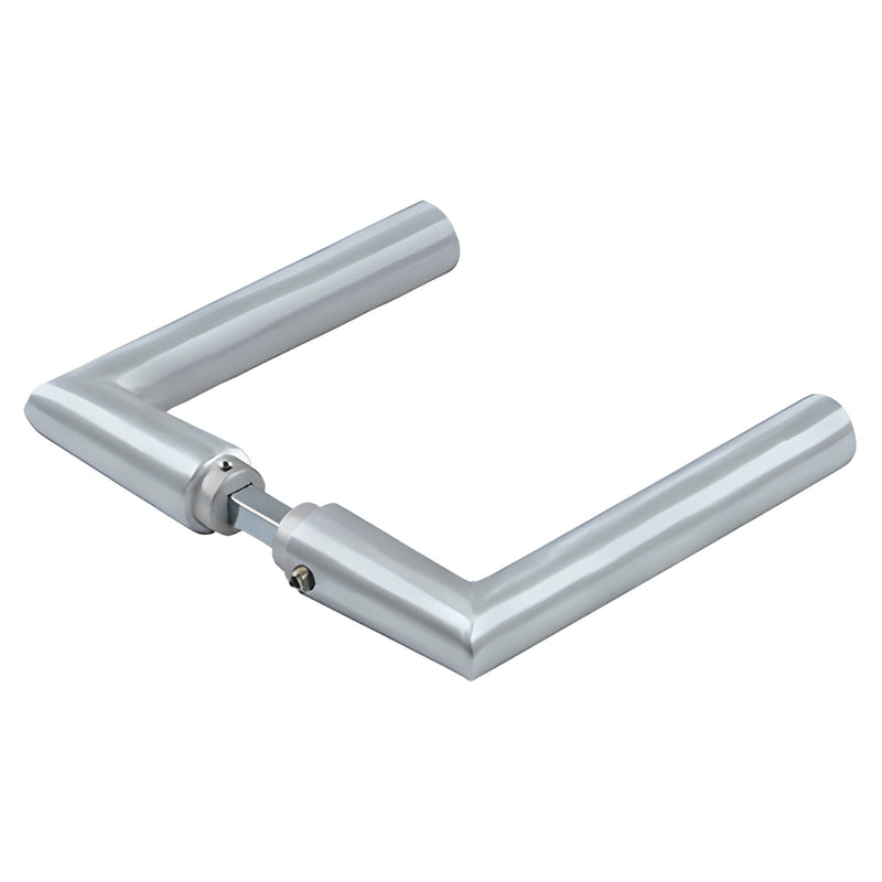 Satin anodized mitered L-shaped glass door handle set, tubular lever pair for interior doors (SKU: FLHMTSA)