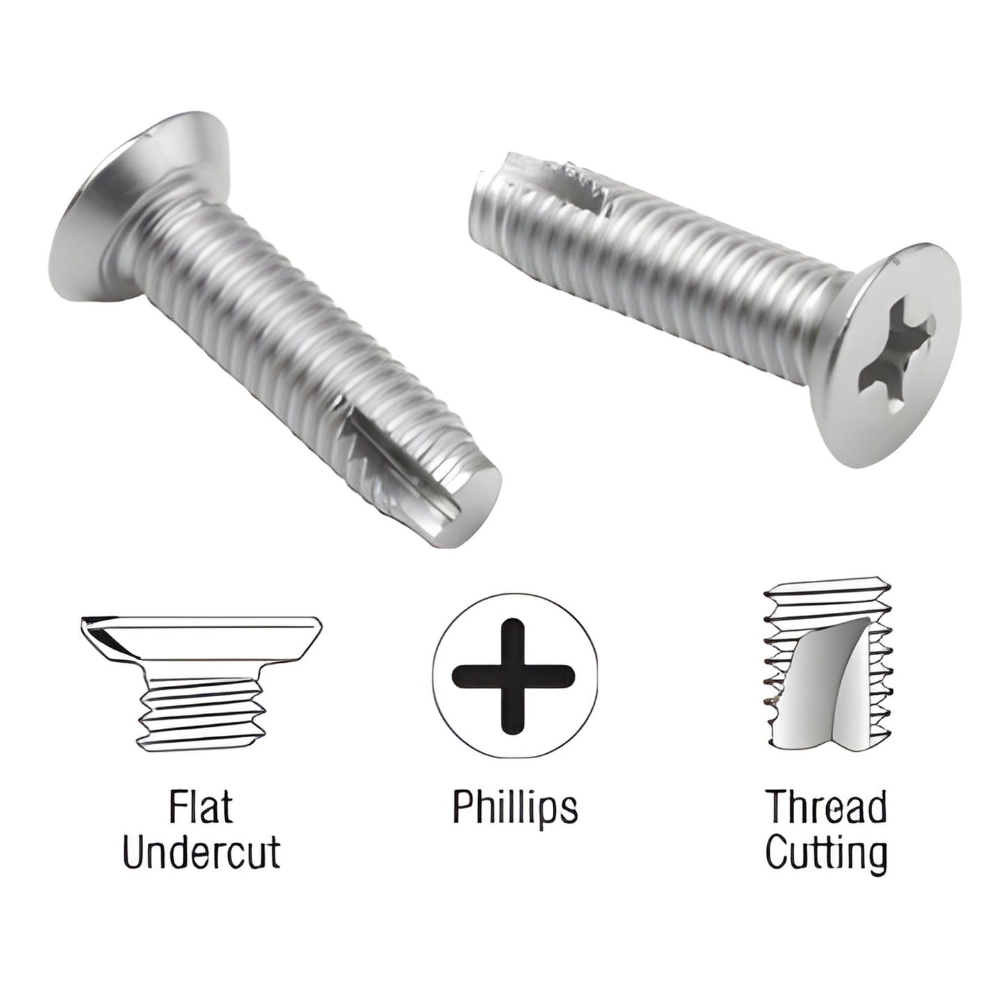 Stainless steel 10-32 thread-cutting flat undercut Phillips screw, 3/4" (19mm), pack of 50 - SKU PRS1032TC