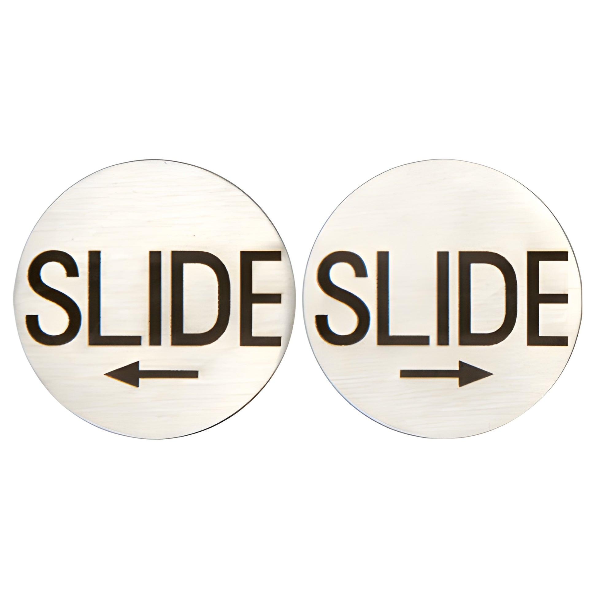 Pack of two 2 in brushed stainless steel round slide indicators, "SLIDE" etched with left and right arrows (SKU 3EPSSL)