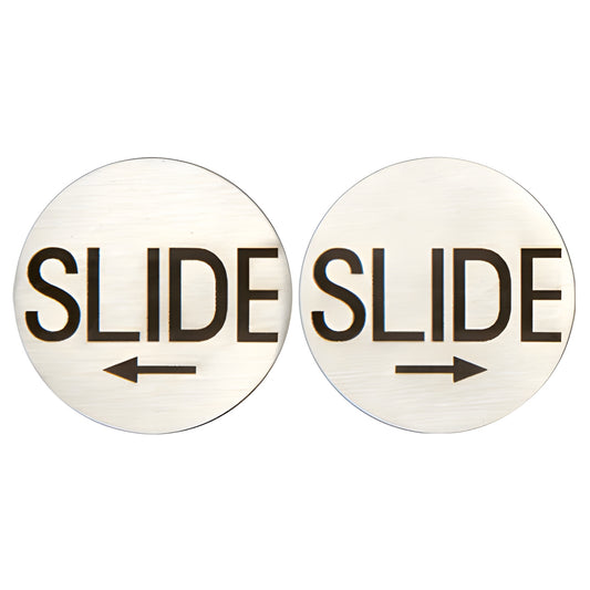 Pack of two 2 in brushed stainless steel round slide indicators, "SLIDE" etched with left and right arrows (SKU 3EPSSL)