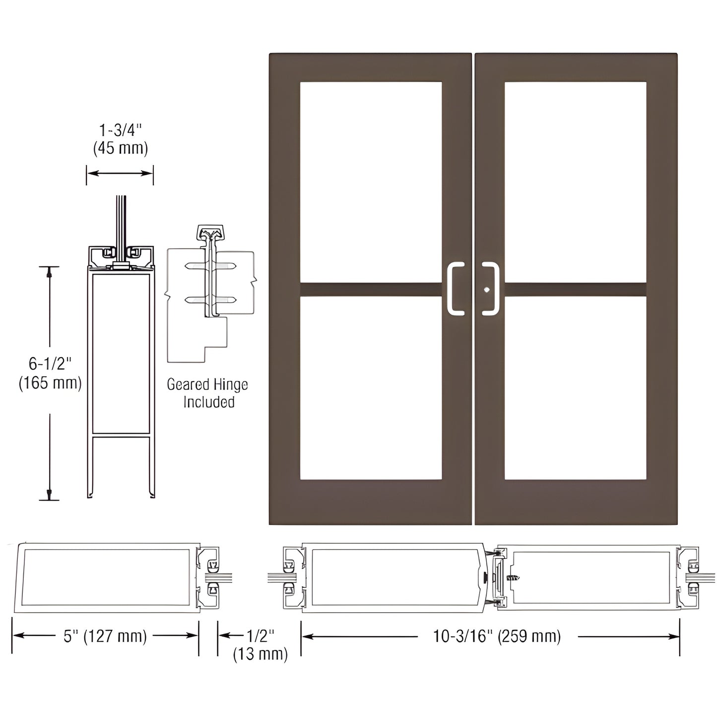 DZ52822 black bronze anodized double wide-stile entrance door with four glass lites and center pull handles