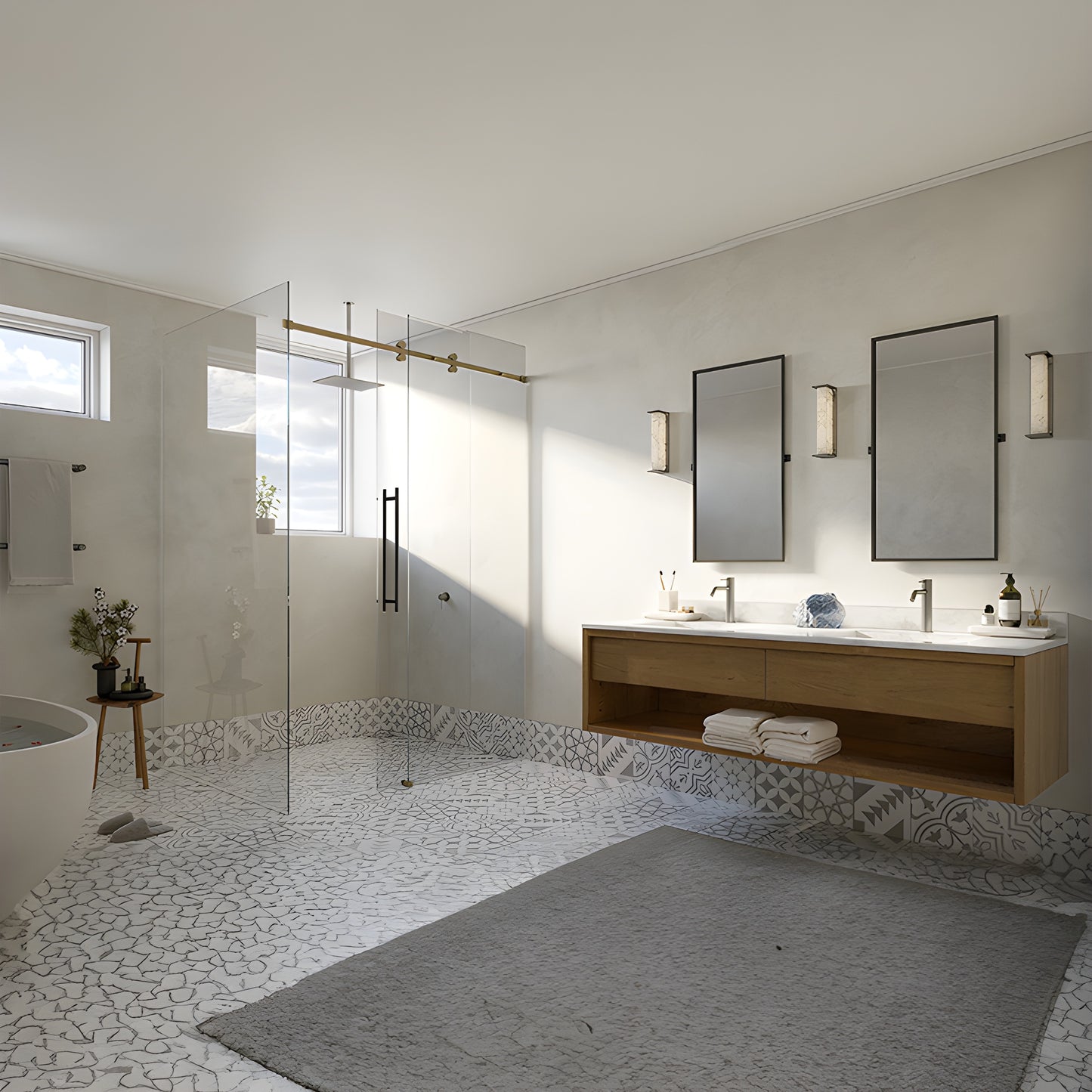 Cavoli CAV78BBRZ brushed-bronze top-rail frameless 78 in sliding shower system, one sliding + one fixed panel