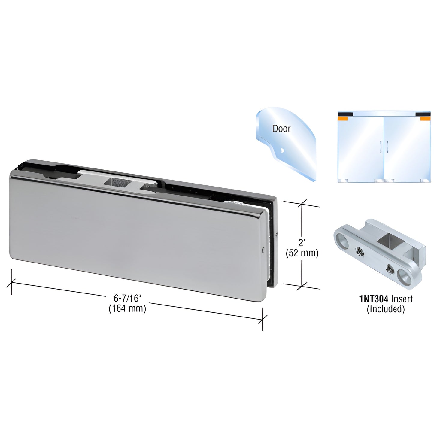 PH20BBS top door patch fitting, brushed stainless steel, 6-7/16" x 2" for 3/8-1/2" tempered glass; includes 1NT304 insert