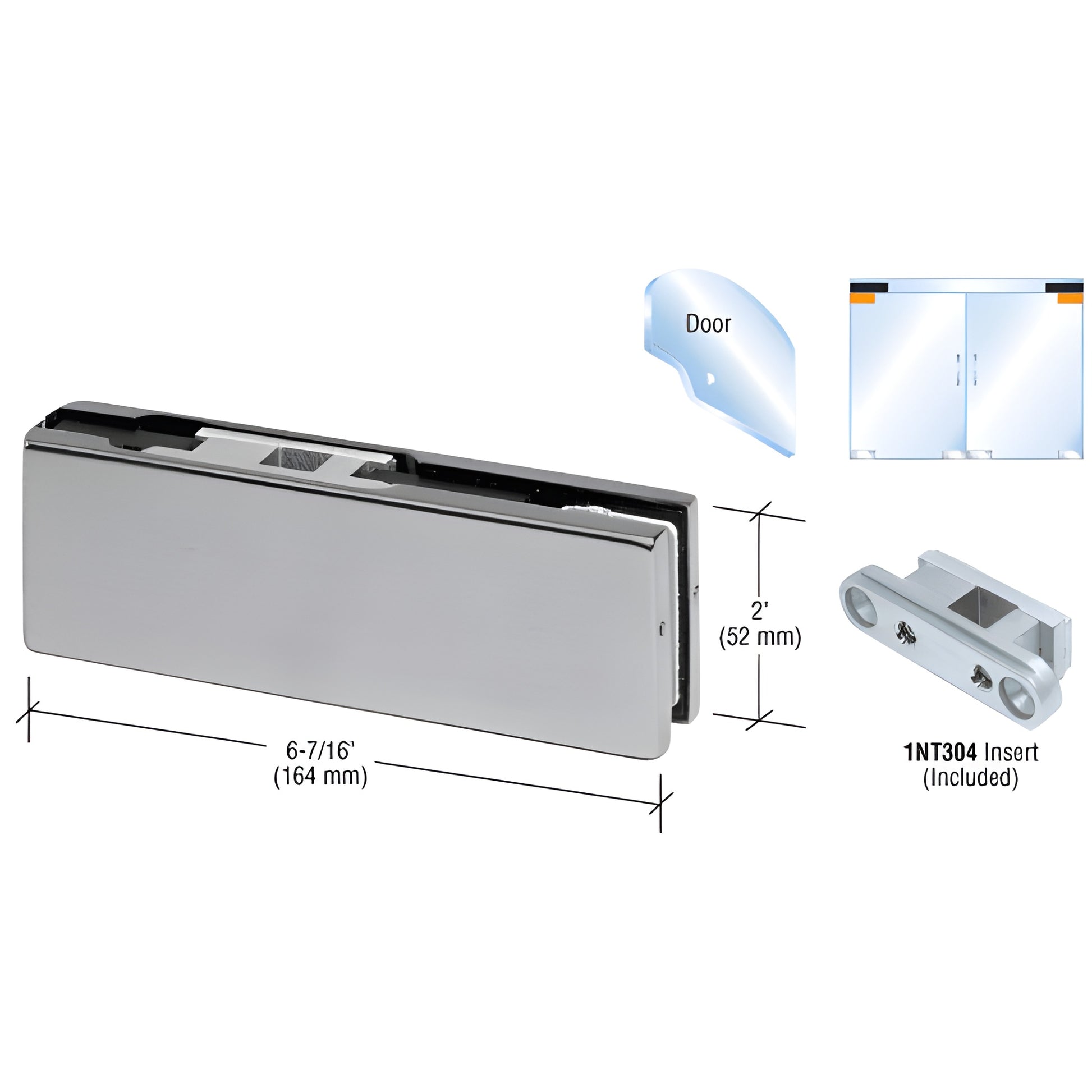 PH20BBS top door patch fitting, brushed stainless steel, 6-7/16" x 2" for 3/8-1/2" tempered glass; includes 1NT304 insert