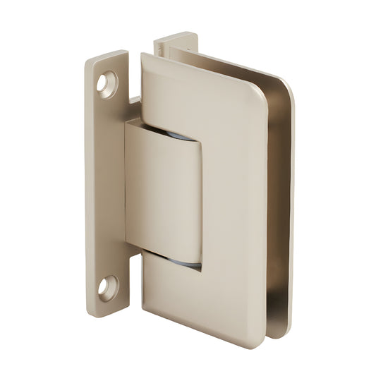 Satin nickel Pinnacle adjustable glass hinge (wall-mount H back plate), brass, for 8-12mm tempered glass - SKU P1N337SN