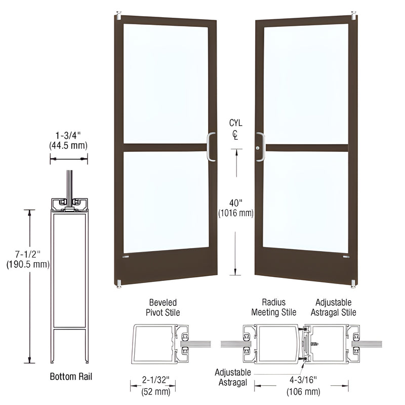 Commercial narrow-stile entrance door SKU HZ22222 - black bronze anodized frame, 2" stiles, 7-1/2" bottom rail, glass panels.