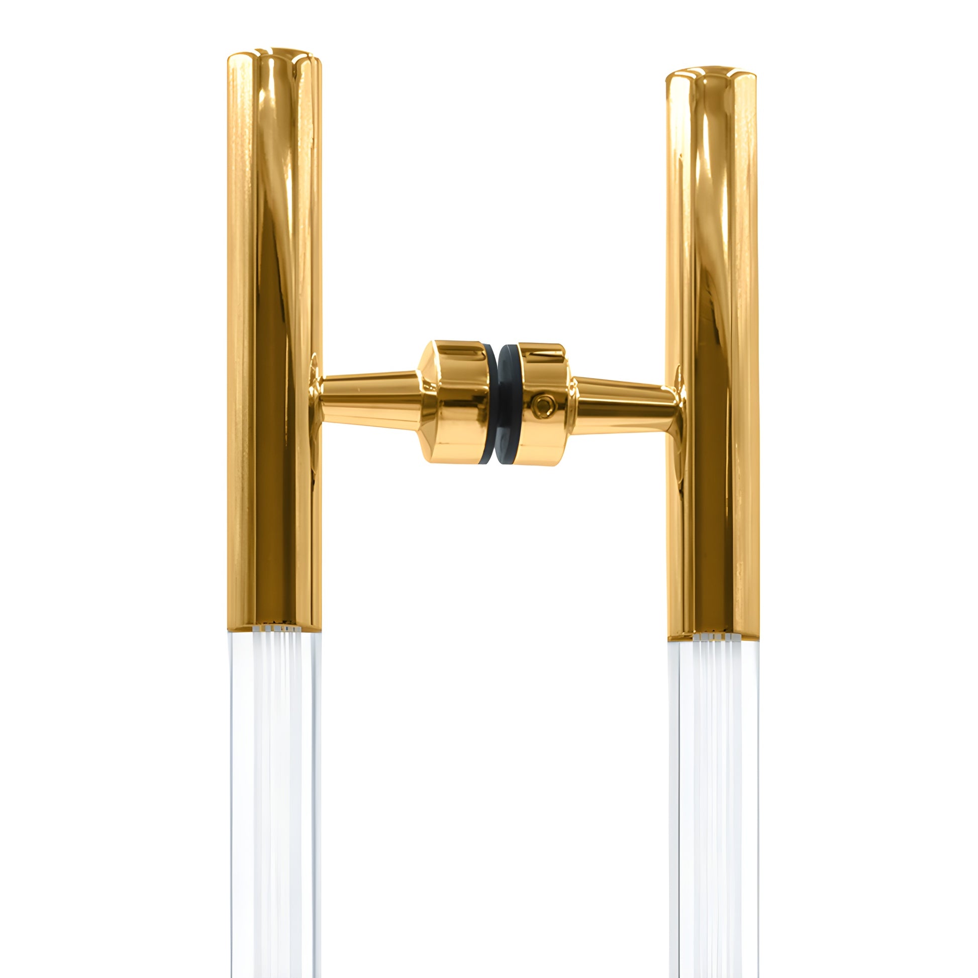 Polished brass glass-mounted ladder pull with clear acrylic semi-inserts, 18" center-to-center (SKU CA18X18BR)