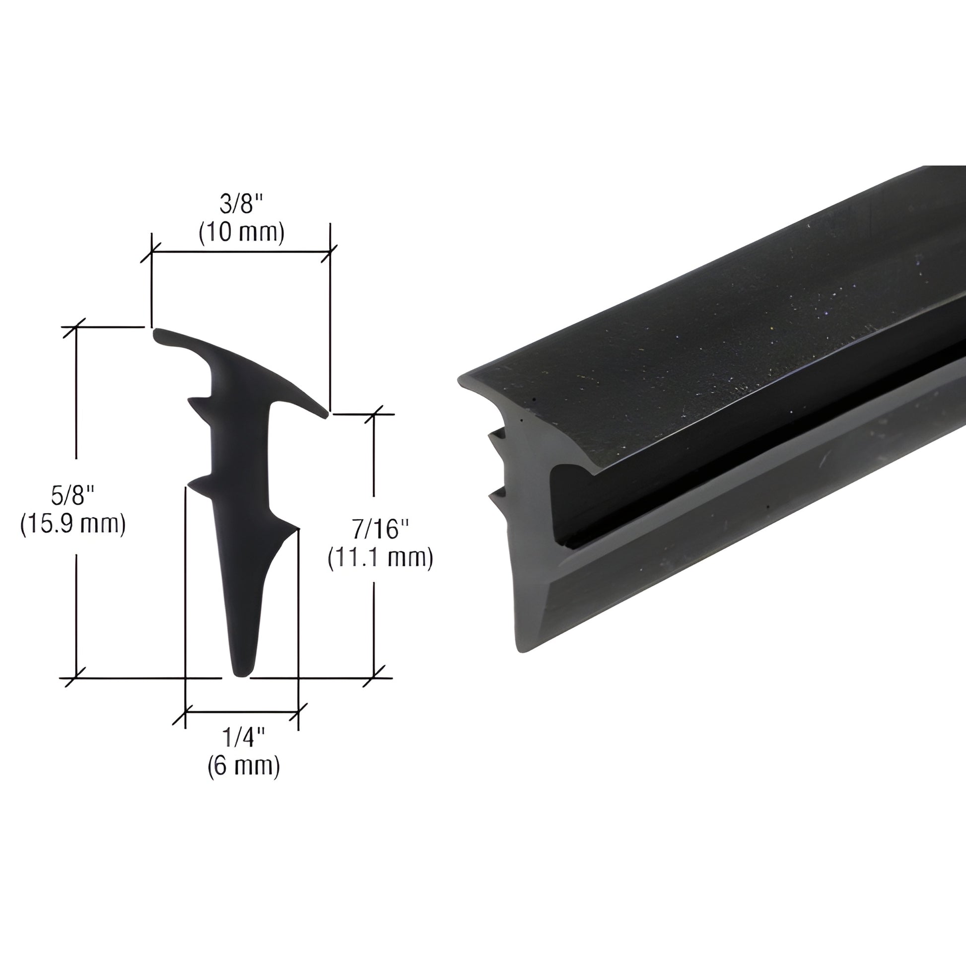 Black roll-in glazing gasket for 1/2" (12 mm) glass, cross-section with dimensions. SKU RG12500