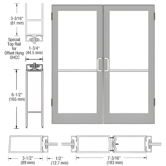 SR42411 medium-stile clear anodized aluminum double entrance door with full glass panels and center pull handles.