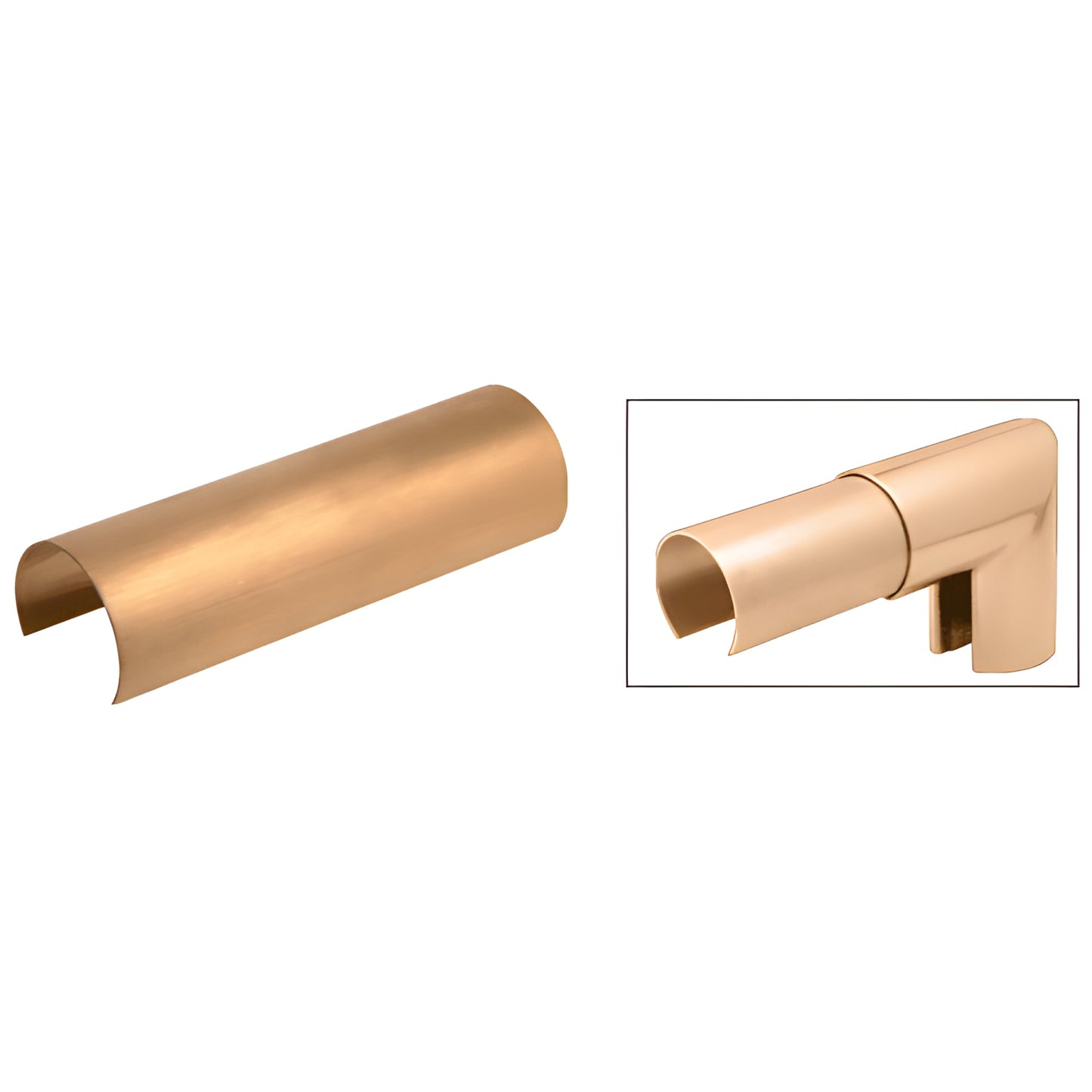 Brass connector sleeve GR15CSB for 1-1/2" hand railing, 5" compressible insert, shown standalone and installed