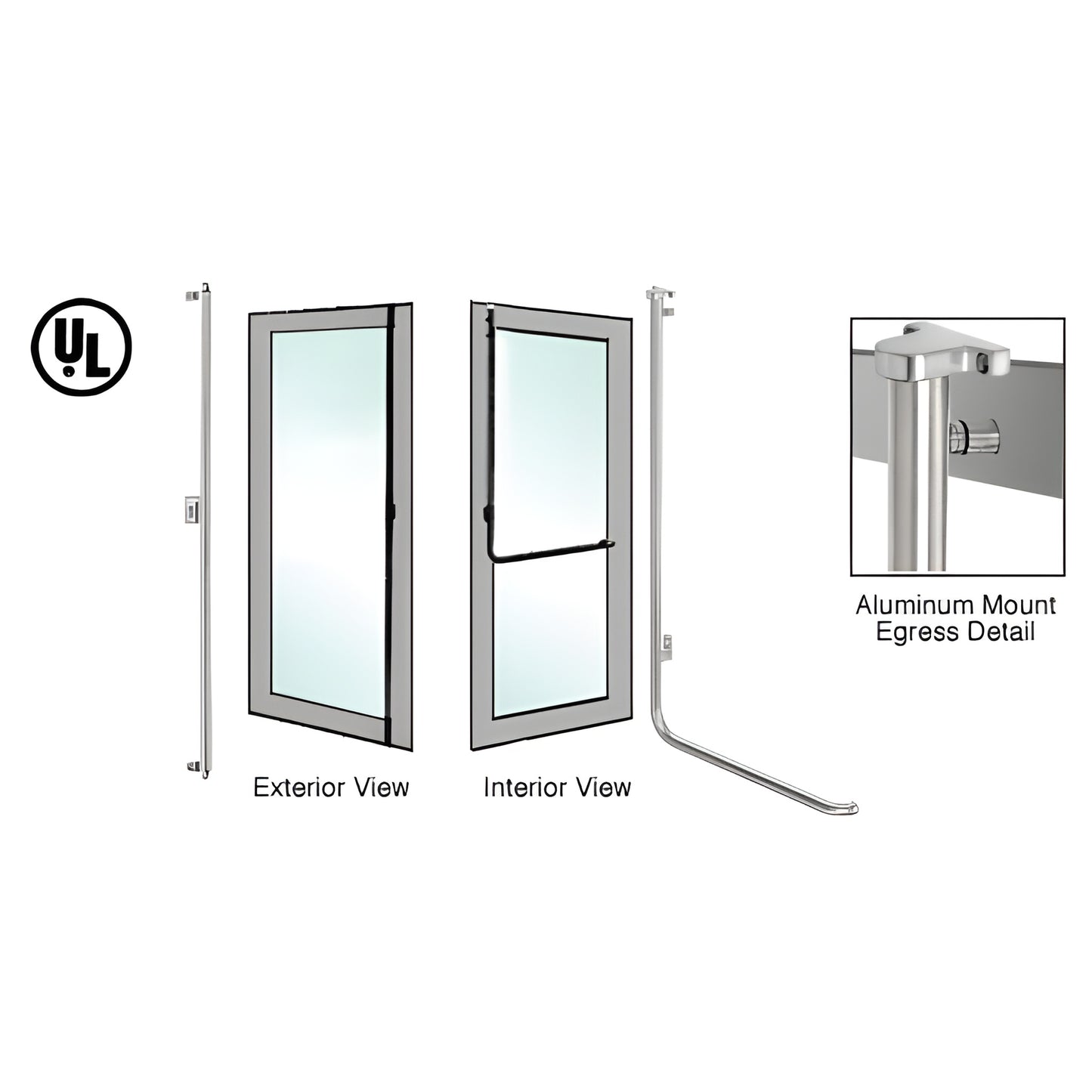 EG100F4AKBS brushed stainless electronic egress handle for 1/2" or 3/4" glass doors, left-hand reverse.