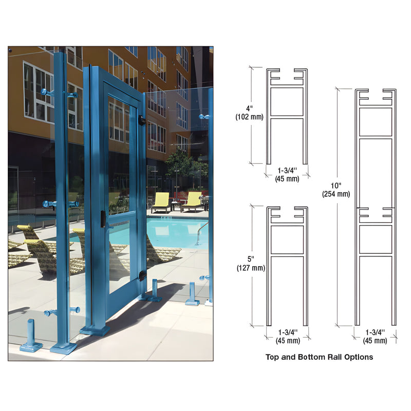 Powder-coated blue aluminum fully framed glass gate (PLG1PTC) by pool, with rail size diagrams.