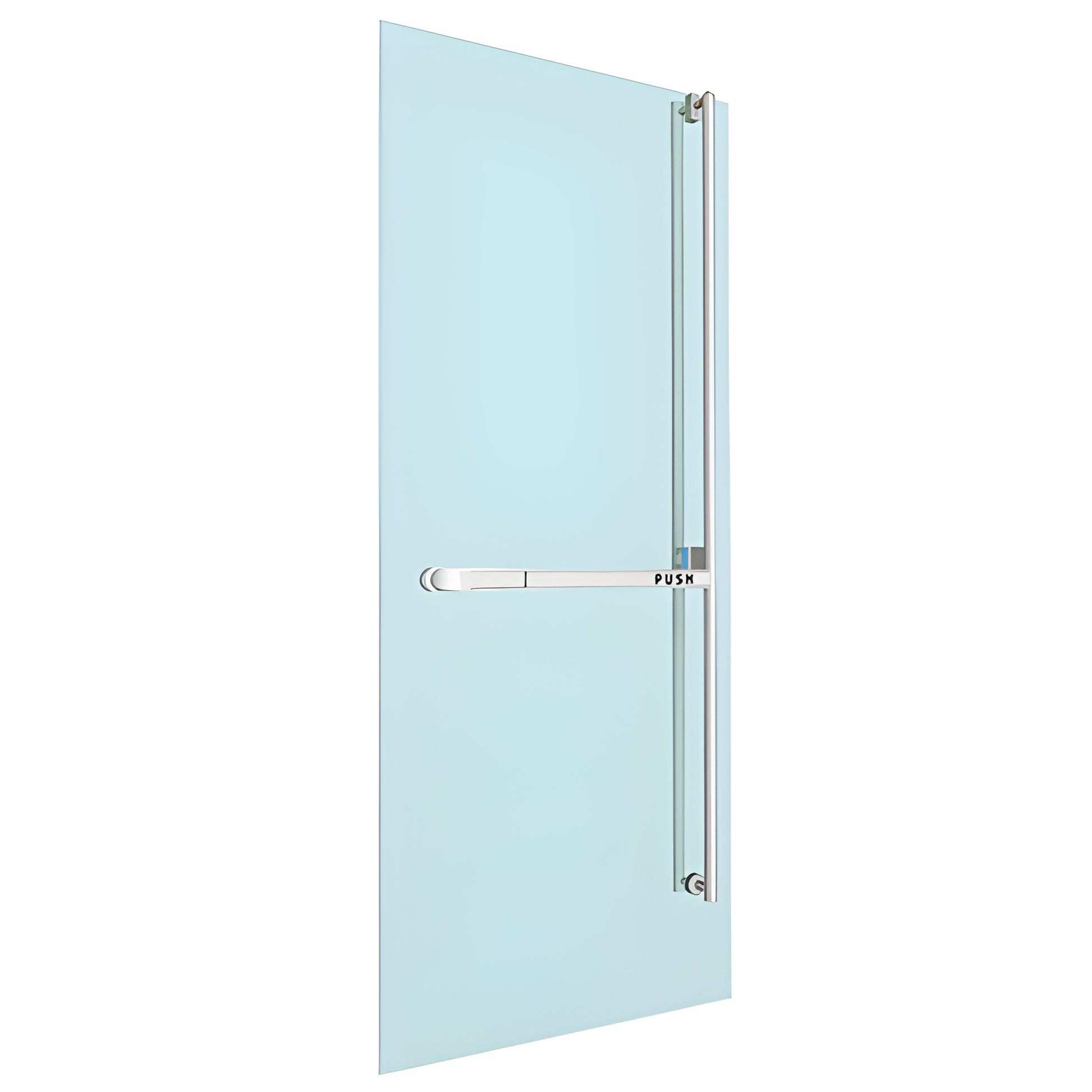 Polished stainless steel panic exit device with ultra-narrow vertical pull and crash bar mounted on glass door.