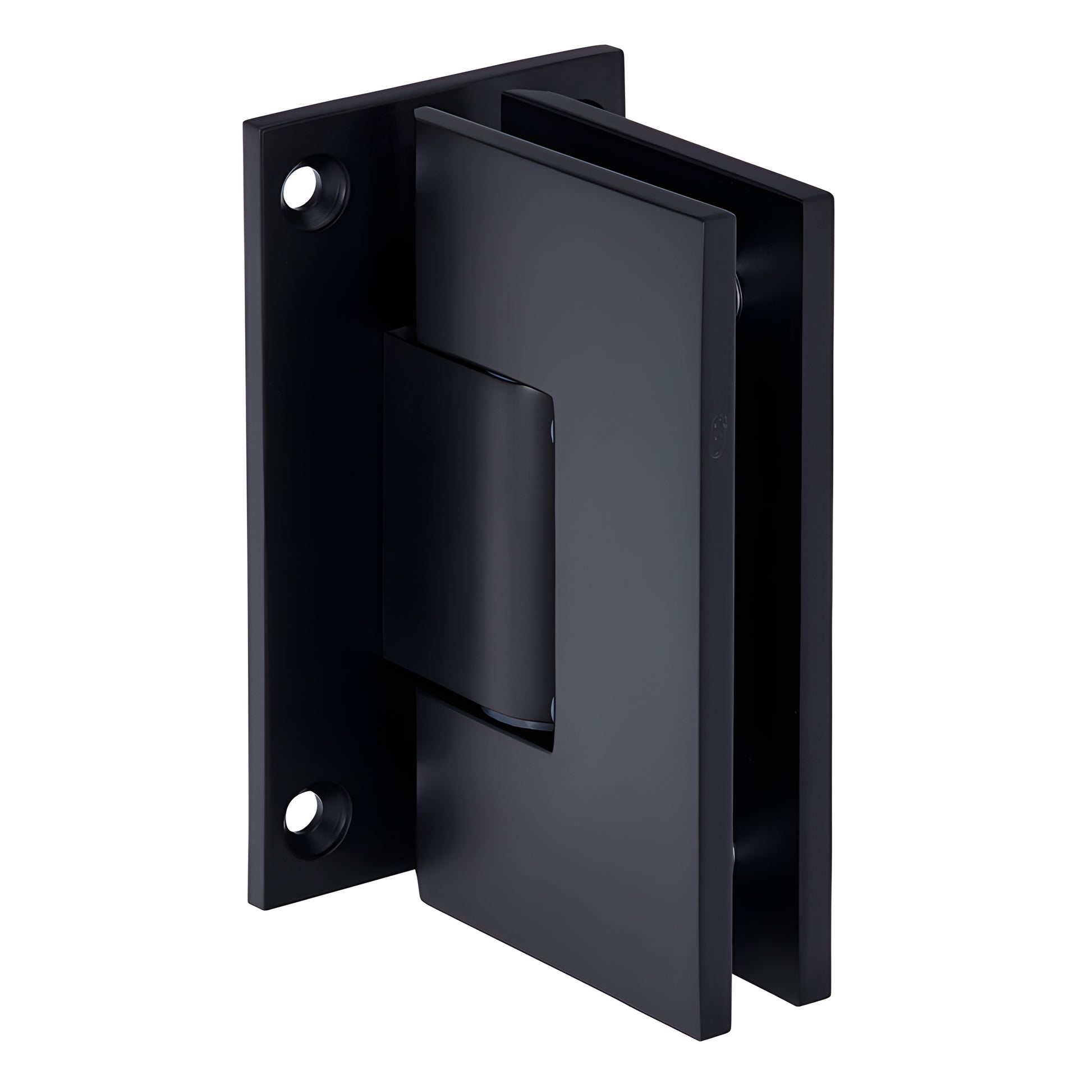 Matte black Vienna adjustable shower door hinge for 10-12mm glass, wall mount (SKU V1E337MBL)