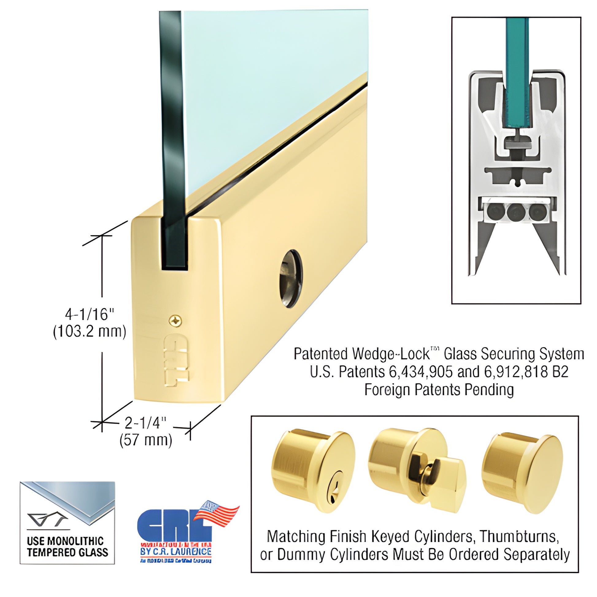 Satin brass 4" square door rail for 5/8" (16mm) glass with Wedge Lock securing system and lock.