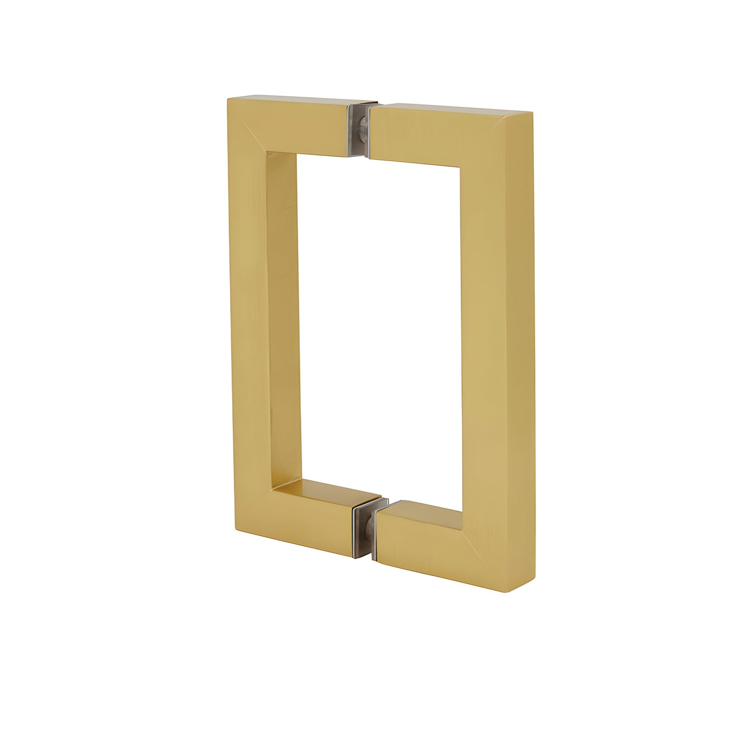 SQ6X6SB satin brass square corner glass door pull, 3/4" tubular, back to back, 6" center to center.